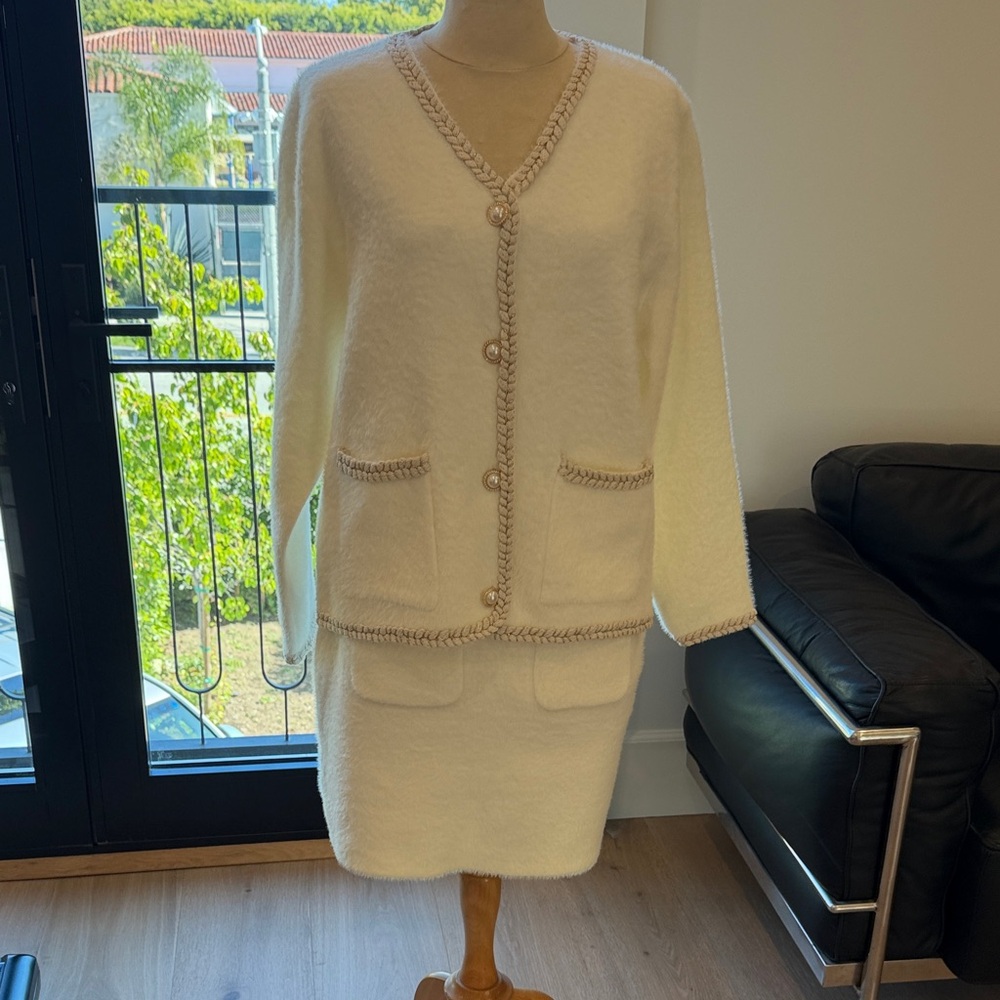 Elegant White Knit Cardigan and Skirt Set